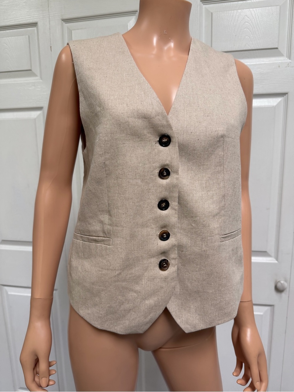 Zara Beige Buttoned Vest Women’s Size Small Linen Blend - Picture 14 of 16